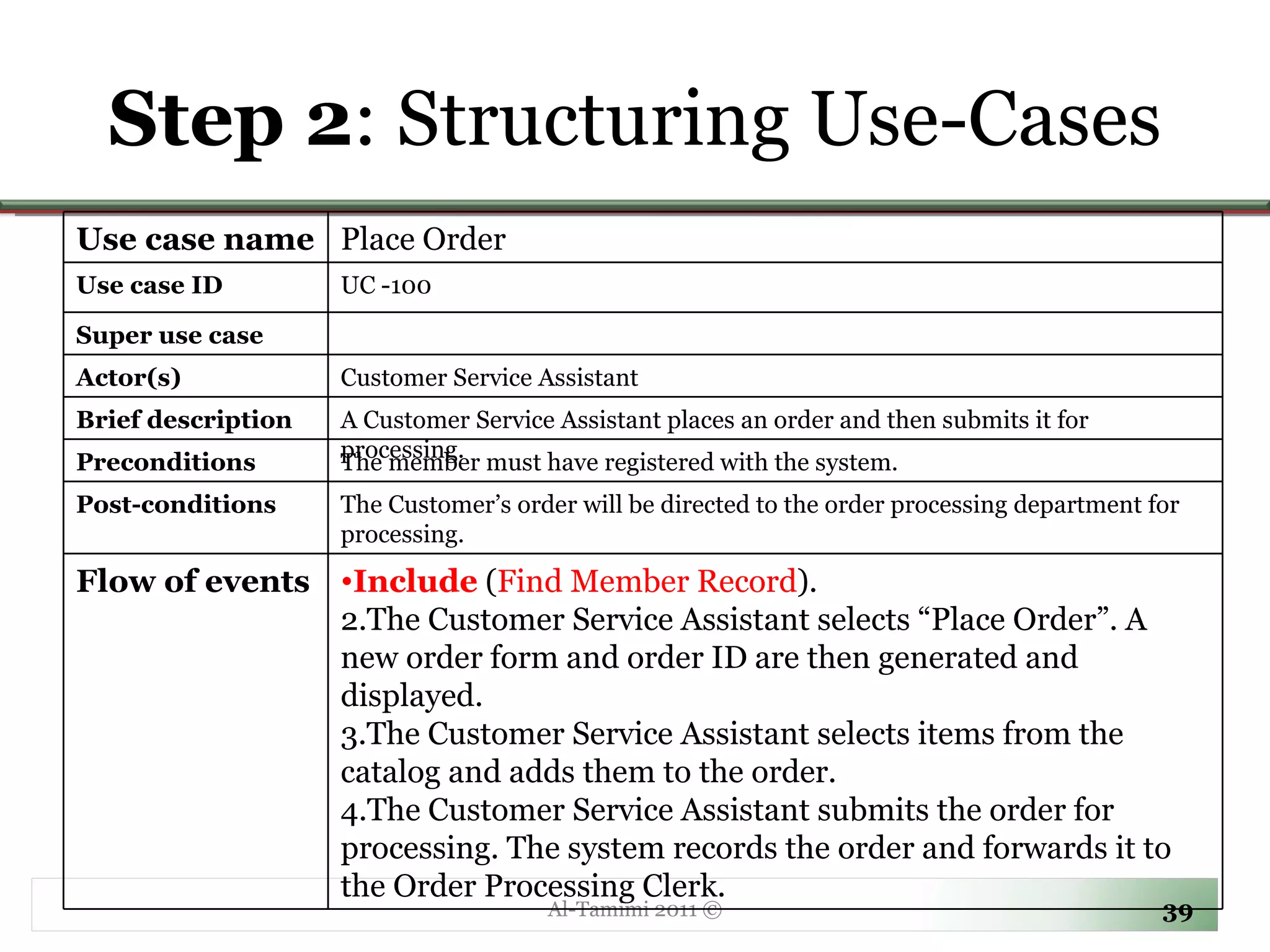 Step 2 : Structuring Use-Cases Al-Tamimi 2011 © Use case name Place Order  Use case ID UC -100 Super use case Actor(s) Customer Service Assistant  Brief description A Customer Service Assistant places an order and then submits it for processing. Preconditions The member must have registered with the system. Post-conditions The Customer’s order will be directed to the order processing department for processing. Flow of events Include  ( Find Member Record ). The Customer Service Assistant selects “Place Order”. A new order form and order ID are then generated and displayed.  The Customer Service Assistant selects items from the catalog and adds them to the order.  The Customer Service Assistant submits the order for processing. The system records the order and forwards it to the Order Processing Clerk. 