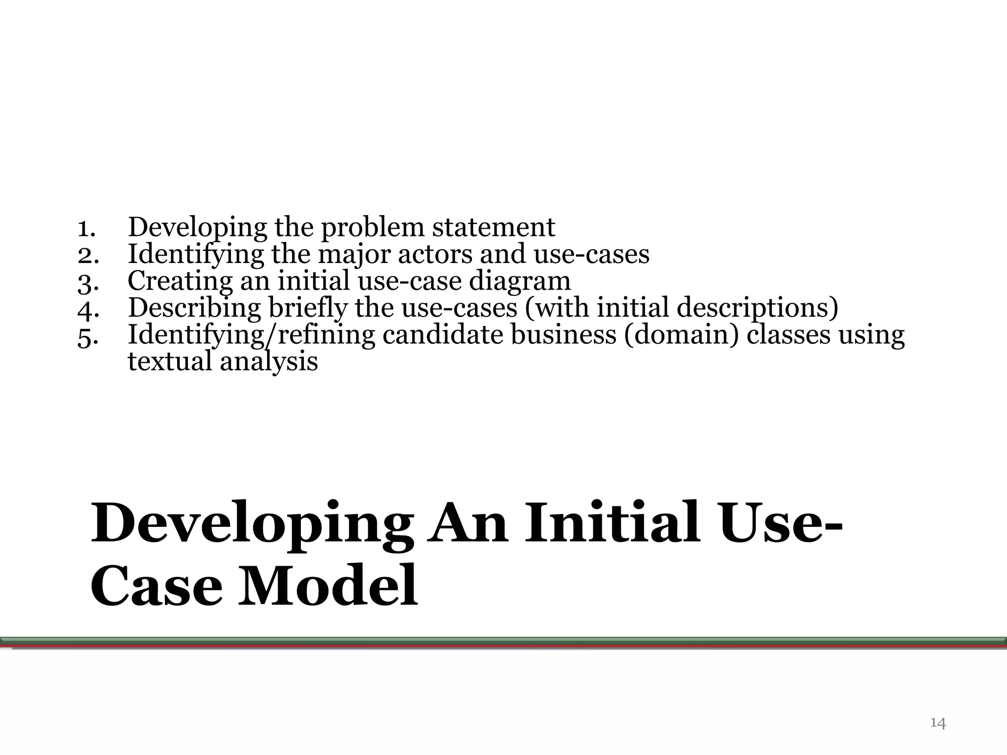 Developing An Initial Use-Case Model Developing the problem statement Identifying the major actors and use-cases Creating an initial use-case diagram Describing briefly the use-cases (with initial descriptions) Identifying/refining candidate business (domain) classes using textual analysis 