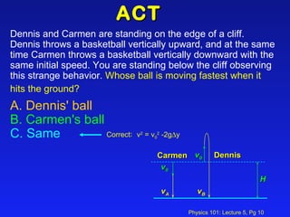 Dennis and Carmen are standing on the edge of a cliff. Dennis throws a basketball vertically upward, and at the same time Carmen throws a basketball vertically downward with the same initial speed. You are standing below the cliff observing this strange behavior.  Whose ball is moving fastest when it hits the ground?   A. Dennis' ball   B. Carmen's ball   C. Same ACT  v 0 v 0 Dennis Carmen H v A v B Correct :  v 2  = v 0 2  -2g  y 