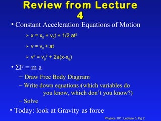 Review from Lecture 4 Constant Acceleration Equations of Motion x = x 0  + v 0 t + 1/2 at 2 v = v 0  + at v 2  = v 0 2  + 2a(x-x 0 )  F = m a Draw Free Body Diagram Write down equations (which variables do  you know, which don’t you know?) Solve Today: look at Gravity as force 
