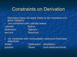 CCoonnssttrraaiinnttss oonn DDeerriivvaattiioonn 
DDeerriivvaattiioonn ddooeess nnoott aappppllyy ffrreeeellyy ttoo tthhee mmeemmbbeerrss ooff aa 
ggiivveenn ccaatteeggoorryy:: 
ii --aanntt ccoommbbiinneess wwiitthh LLaattiinnaattee bbaasseess:: 
LLaattiinnaattee NNaattiivvee 
ddeeffeennddaanntt **ffiigghhttaanntt 
sseerrvvaanntt **tteeaacchhaanntt 
iiii --eenn ccoommbbiinneess wwiitthh mmoonnoossyyllllaabbiicc oobbssttrruueenntt--ffiinnaall bbaassee 
aaddjjeeccttiivveess:: 
wwhhiitteenn **aabbssttrraacctteenn ((ddiissyyllllaabbiicc)) 
qquuiicckkeenn **bblluueenn ((nnoonn--oobbssttrruueenntt--ffiinnaall)) 
 