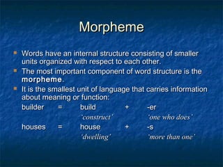 MMoorrpphheemmee 
 WWoorrddss hhaavvee aann iinntteerrnnaall ssttrruuccttuurree ccoonnssiissttiinngg ooff ssmmaalllleerr 
uunniittss oorrggaanniizzeedd wwiitthh rreessppeecctt ttoo eeaacchh ootthheerr.. 
 TThhee mmoosstt iimmppoorrttaanntt ccoommppoonneenntt ooff wwoorrdd ssttrruuccttuurree iiss tthhee 
mmoorrpphheemmee.. 
 IItt iiss tthhee ssmmaalllleesstt uunniitt ooff llaanngguuaaggee tthhaatt ccaarrrriieess iinnffoorrmmaattiioonn 
aabboouutt mmeeaanniinngg oorr ffuunnccttiioonn:: 
bbuuiillddeerr == bbuuiilldd ++ --eerr 
‘‘ccoonnssttrruucctt’’ ‘‘oonnee wwhhoo ddooeess’’ 
hhoouusseess == hhoouussee ++ --ss 
‘‘ddwweelllliinngg’’ ‘‘mmoorree tthhaann oonnee’’ 
 