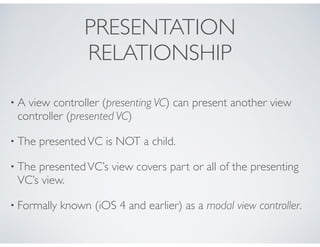 PRESENTATION
RELATIONSHIP
• A view controller (presenting VC) can present another view
controller (presented VC)
• The pre...