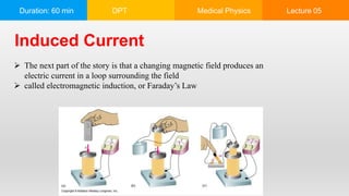 Duration: 60 min DPT Medical Physics Lecture 05
 The next part of the story is that a changing magnetic field produces an
electric current in a loop surrounding the field
 called electromagnetic induction, or Faraday’s Law
Induced Current
 