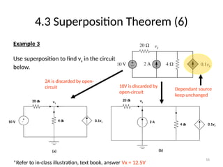 16
4.3 Superposition Theorem (6)
Example 3
Use superposition to find vx in the circuit
below.
*Refer to in-class illustration, text book, answer Vx = 12.5V
2A is discarded by open-
circuit
20  v1
4 
10 V
+

(a)
0.1v1
4 
2 A
(b)
20 
0.1v2
v2
10V is discarded by
open-circuit
Dependant source
keep unchanged
 