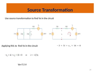 24
Source Transformation
Use source transformation to find Vx in the circuit
Applying KVL to find Vx in the circuit
Vx=7.5 V
 