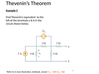 31
Thevenin’s Theorem
Example 5
Find Thevenin’s equivalent to the
left of the terminals a & b in the
circuit shown below.
*Refer to in-class illustration, textbook, answer VTH = 20V, RTH = 6W
 