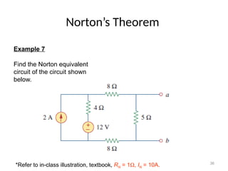 36
Norton’s Theorem
Example 7
Find the Norton equivalent
circuit of the circuit shown
below.
*Refer to in-class illustration, textbook, RN = 1W, IN = 10A.
 
