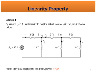 6
Example 1
By assume Io = 1 A, use linearity to find the actual value of Io in the circuit shown
below.
*Refer to in-class illustration, text book, answer Io = 3A
Linearity Property
 