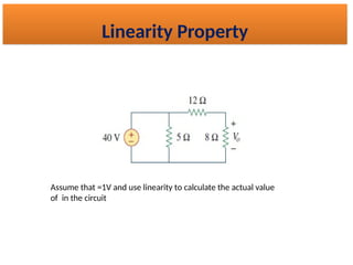 Assume that =1V and use linearity to calculate the actual value
of in the circuit
Linearity Property
 
