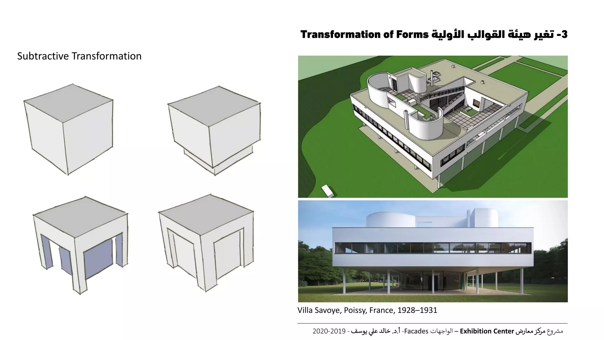 3-‫األولية‬ ‫القوالب‬ ‫هيئة‬ ‫تغير‬Transformation of Forms
‫ع‬‫و‬ ‫ر‬‫مش‬‫معارض‬‫كز‬‫مر‬Exhibition Center–‫الواجهات‬Facades-‫أ‬.‫د‬.‫يوسف‬ ‫عل‬ ‫خالد‬-2019-2020
Subtractive Transformation
Villa Savoye, Poissy, France, 1928–1931
 