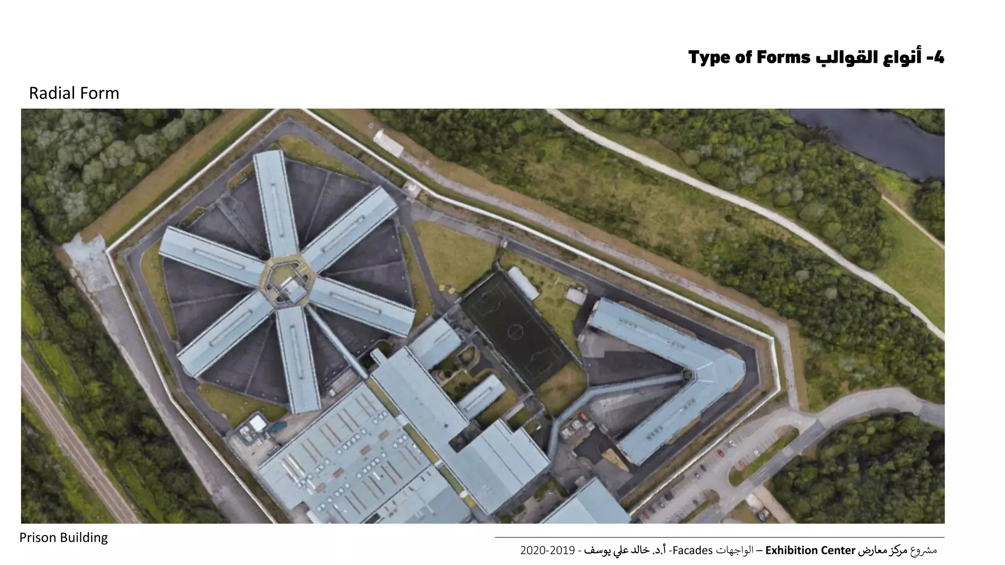 4-‫القوالب‬ ‫أنواع‬Type of Forms
‫ع‬‫و‬ ‫ر‬‫مش‬‫معارض‬‫كز‬‫مر‬Exhibition Center–‫الواجهات‬Facades-‫أ‬.‫د‬.‫يوسف‬ ‫عل‬ ‫خالد‬-2019-2020
Radial Form
Prison Building
 