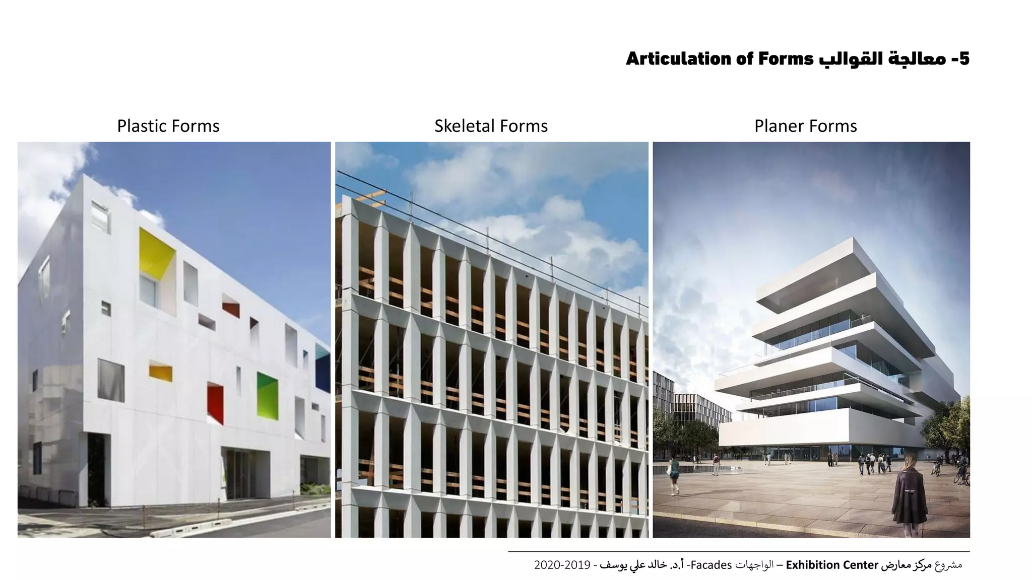 5-‫القوالب‬ ‫معالجة‬Articulation of Forms
‫ع‬‫و‬ ‫ر‬‫مش‬‫معارض‬‫كز‬‫مر‬Exhibition Center–‫الواجهات‬Facades-‫أ‬.‫د‬.‫يوسف‬ ‫عل‬ ‫خالد‬-2019-2020
Skeletal FormsPlastic Forms Planer Forms
 