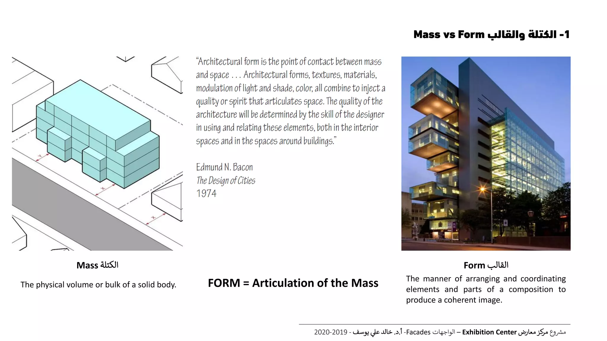 1-‫والقالب‬ ‫الكتلة‬Mass vs Form
‫ع‬‫و‬ ‫ر‬‫مش‬‫معارض‬‫كز‬‫مر‬Exhibition Center–‫الواجهات‬Facades-‫أ‬.‫د‬.‫يوسف‬ ‫عل‬ ‫خالد‬-2019-2020
‫الكتلة‬Mass
The physical volume or bulk of a solid body.
‫القالب‬Form
The manner of arranging and coordinating
elements and parts of a composition to
produce a coherent image.
FORM = Articulation of the Mass
 