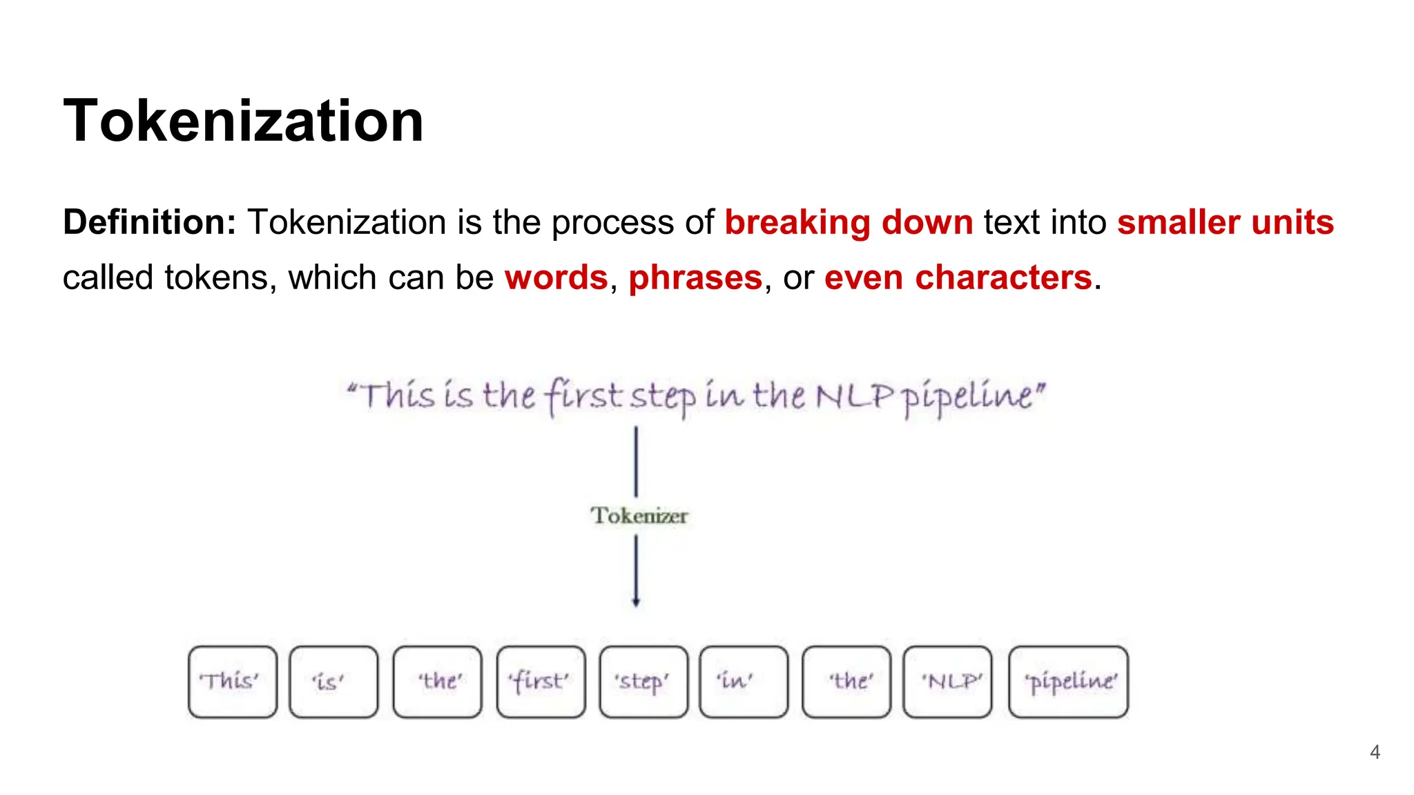 Tokenization
Definition: Tokenization is the process of breaking down text into smaller units
called tokens, which can be words, phrases, or even characters.
4
 