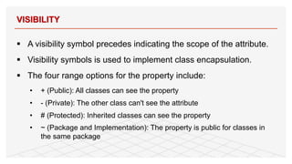 § A visibility symbol precedes indicating the scope of the attribute.
§ Visibility symbols is used to implement class encapsulation.
§ The four range options for the property include:
• + (Public): All classes can see the property
• - (Private): The other class can't see the attribute
• # (Protected): Inherited classes can see the property
• ~ (Package and Implementation): The property is public for classes in
the same package
VISIBILITY
14
 