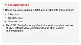 § Based on roles, classes in UML are divided into three groups:
• Entity class
• Boundary class
• Controller class
§ The EBC (Entity-Boundary-Control) model is abstract version
of MVC (Model-View-Controller) that is often used in
implementation.
CLASS STEREOTYPE
18
 