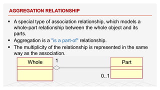 § A special type of association relationship, which models a
whole-part relationship between the whole object and its
parts.
§ Aggregation is a "is a part-of" relationship.
§ The multiplicity of the relationship is represented in the same
way as the association.
AGGREGATION RELATIONSHIP
34
 