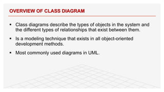 § Class diagrams describe the types of objects in the system and
the different types of relationships that exist between them.
§ Is a modeling technique that exists in all object-oriented
development methods.
§ Most commonly used diagrams in UML.
OVERVIEW OF CLASS DIAGRAM
5
 