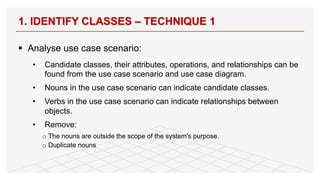 § Analyse use case scenario:
• Candidate classes, their attributes, operations, and relationships can be
found from the use case scenario and use case diagram.
• Nouns in the use case scenario can indicate candidate classes.
• Verbs in the use case scenario can indicate relationships between
objects.
• Remove:
o The nouns are outside the scope of the system's purpose.
o Duplicate nouns
1. IDENTIFY CLASSES – TECHNIQUE 1
66
 