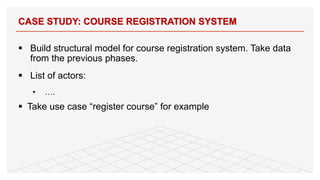 § Build structural model for course registration system. Take data
from the previous phases.
§ List of actors:
• ….
§ Take use case “register course” for example
CASE STUDY: COURSE REGISTRATION SYSTEM
71
 