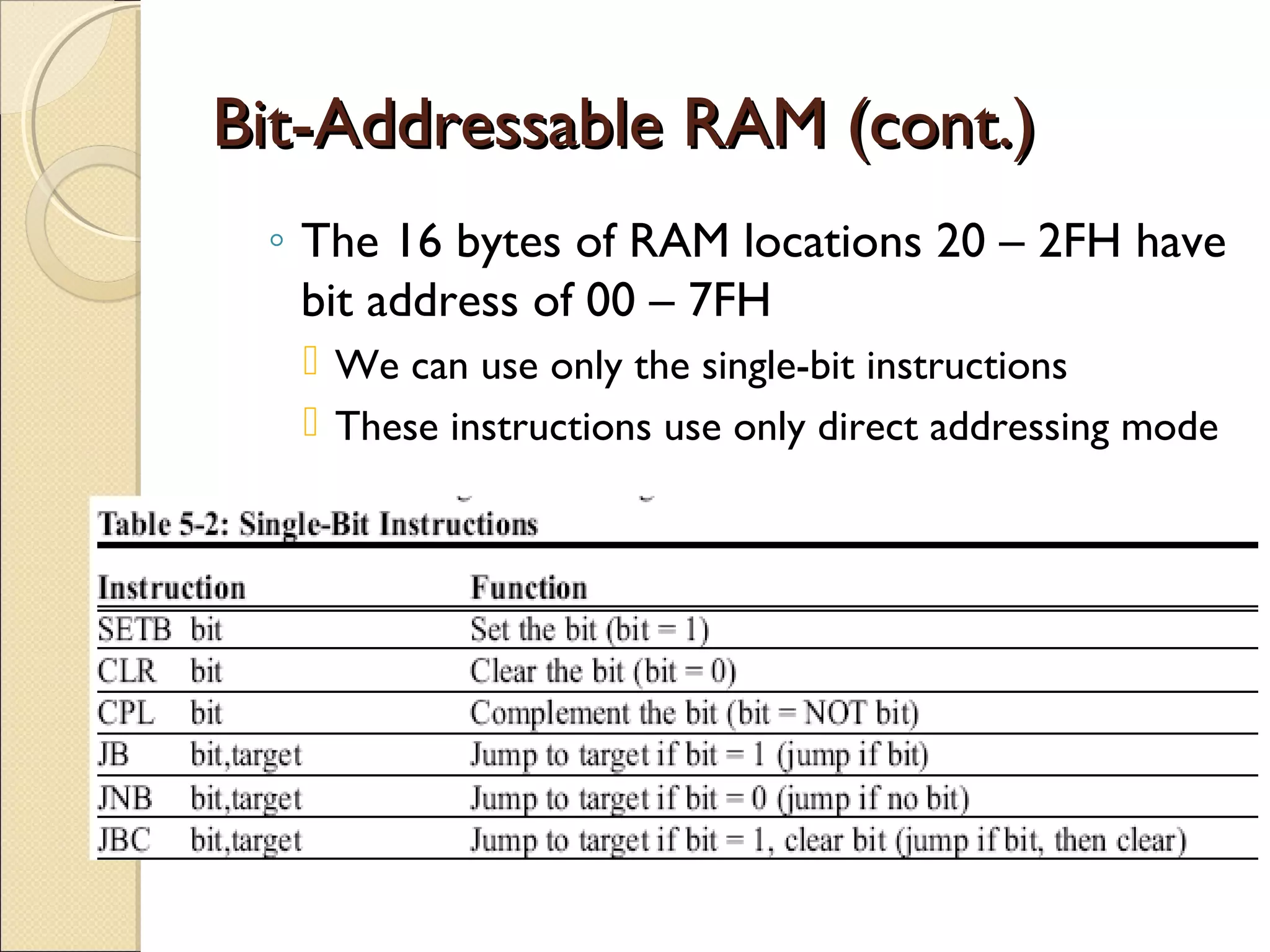 Bit-Addressable RAM (cont.)Bit-Addressable RAM (cont.)
◦ The 16 bytes of RAM locations 20 – 2FH have
bit address of 00 – 7FH
 We can use only the single-bit instructions
 These instructions use only direct addressing mode
 