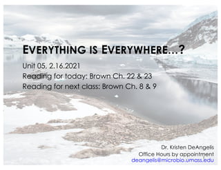 EVERYTHING IS EVERYWHERE…?
Unit 05, 2.16.2021
Reading for today: Brown Ch. 22 & 23
Reading for next class: Brown Ch. 8 & 9
Dr. Kristen DeAngelis
Office Hours by appointment
deangelis@microbio.umass.edu
1
 