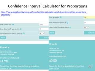 Conﬁdence	
  Interval	
  Calculator	
  for	
  Propor%ons	
  
hdps://www.mccallum-­‐layton.co.uk/tools/sta%s%c-­‐calculator...
