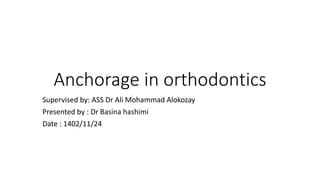 Anchorage in orthodontics
Supervised by: ASS Dr Ali Mohammad Alokozay
Presented by : Dr Basina hashimi
Date : 1402/11/24
 