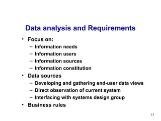 Data analysis and Requirements Focus on: Information needs Information users Information sources Information constitution Data sources Developing and gathering end-user data views Direct observation of current system Interfacing with systems design group Business rules 