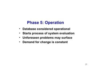 Phase 5: Operation Database considered operational Starts process of system evaluation Unforeseen problems may surface Demand for change is constant 