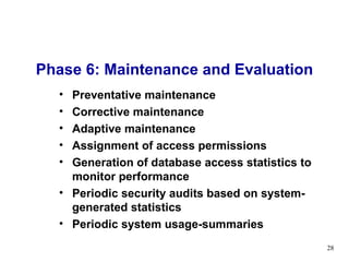 Phase 6: Maintenance and Evaluation Preventative maintenance Corrective maintenance  Adaptive maintenance Assignment of access permissions  Generation of database access statistics to monitor performance Periodic security audits based on system-generated statistics Periodic system usage-summaries 