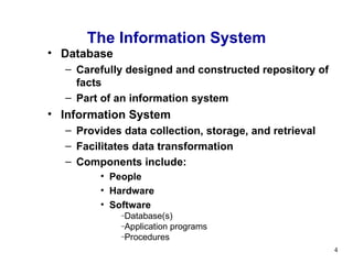 Database  Carefully designed and constructed repository of facts  Part of an information system Information System Provides data collection, storage, and retrieval Facilitates data transformation Components include: People Hardware Software The Information System Database(s) Application programs Procedures 