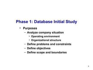 Phase 1: Database Initial Study Purposes Analyze company situation Operating environment Organizational structure Define problems and constraints Define objectives Define scope and boundaries 