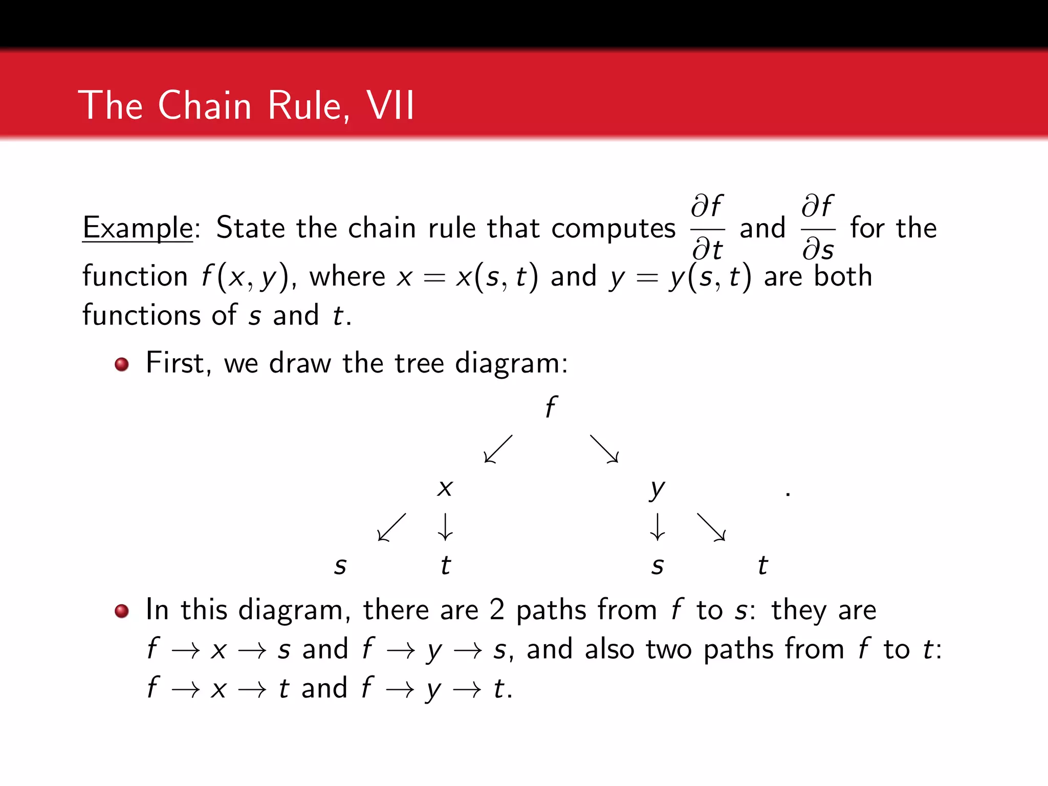 The Chain Rule, VII
Example: State the chain rule that computes
∂f
∂t
and
∂f
∂s
for the
function f (x, y), where x = x(s, t) and y = y(s, t) are both
functions of s and t.
First, we draw the tree diagram:
f
. &
x y
. ↓ ↓ &
s t s t
.
In this diagram, there are 2 paths from f to s: they are
f → x → s and f → y → s, and also two paths from f to t:
f → x → t and f → y → t.
 