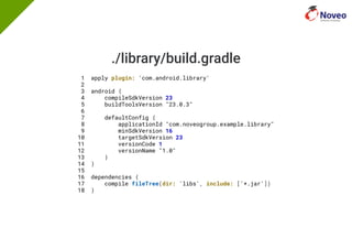 ./library/build.gradle
1 apply plugin: 'com.android.library'
2
3 android {
4 compileSdkVersion 23
5 buildToolsVersion "23.0.3"
6
7 defaultConfig {
8 applicationId "com.noveogroup.example.library"
9 minSdkVersion 16
10 targetSdkVersion 23
11 versionCode 1
12 versionName "1.0"
13 }
14 }
15
16 dependencies {
17 compile fileTree(dir: 'libs', include: ['*.jar'])
18 }
 