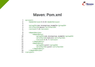 Maven: Pom.xml
1 <project>
2 <modelVersion>4.0.0</modelVersion>
3
4 <groupId>com.noveogroup.example</groupId>
5 <artifactId>maven</artifactId>
6 <version>1.0</version>
7
8 <dependencies>
9 <dependency>
10 <groupId>com.noveogroup.example</groupId>
11 <artifactId>library</artifactId>
12 <version>3.0.1</version>
13 </dependency>
14 <dependency>
15 <groupId>junit</groupId>
16 <artifactId>junit</artifactId>
17 </dependency>
18 </dependencies>
19 </project>
 
