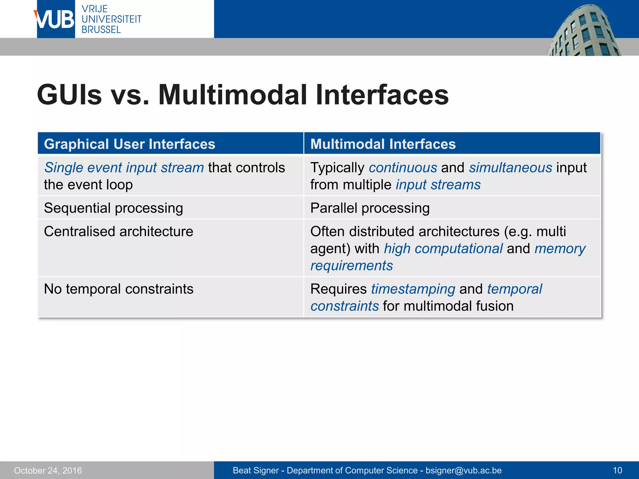 Beat Signer - Department of Computer Science - bsigner@vub.ac.be 10October 24, 2016
GUIs vs. Multimodal Interfaces
Graphical User Interfaces Multimodal Interfaces
Single event input stream that controls
the event loop
Typically continuous and simultaneous input
from multiple input streams
Sequential processing Parallel processing
Centralised architecture Often distributed architectures (e.g. multi
agent) with high computational and memory
requirements
No temporal constraints Requires timestamping and temporal
constraints for multimodal fusion
 