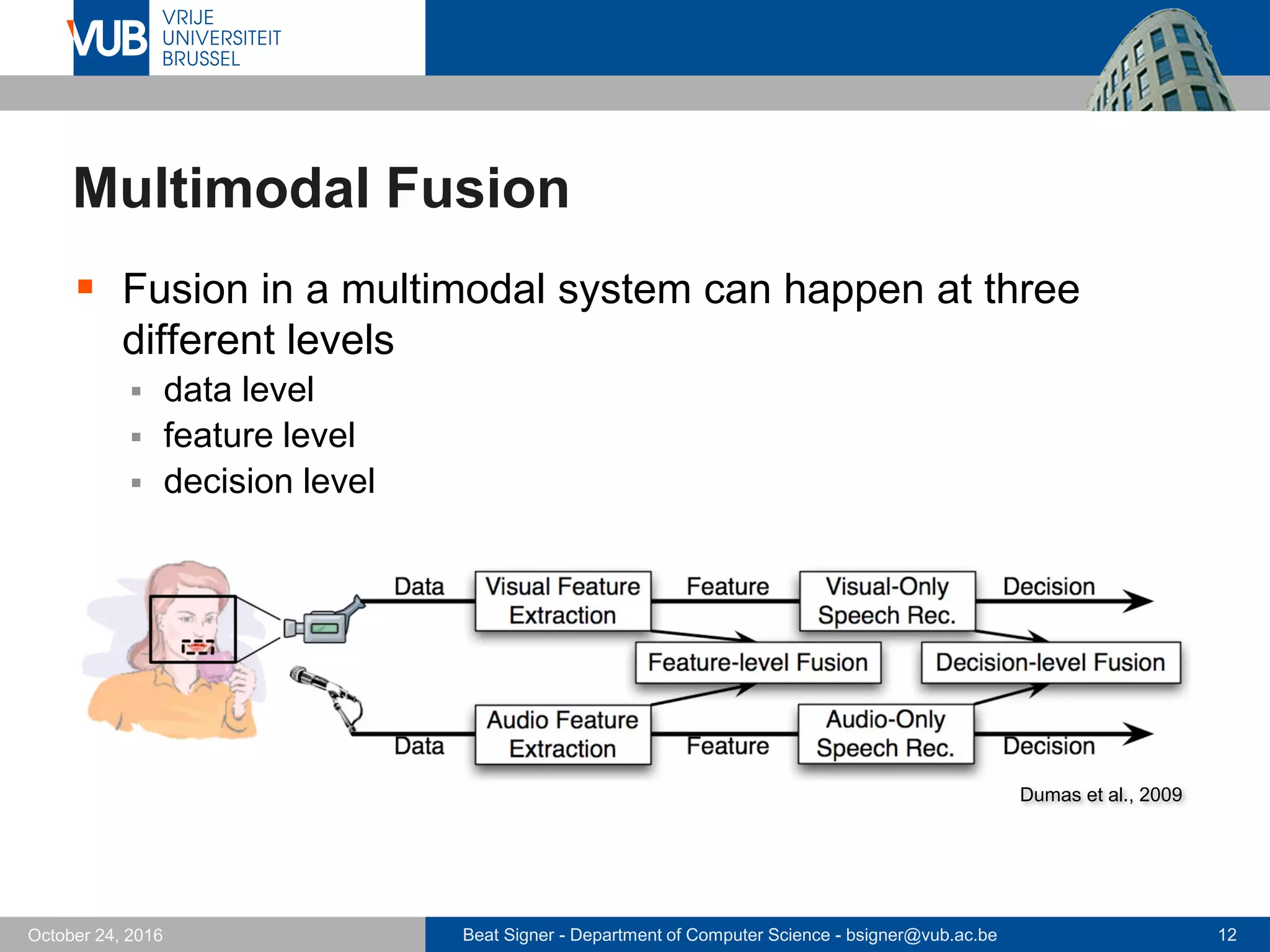 Beat Signer - Department of Computer Science - bsigner@vub.ac.be 12October 24, 2016
Multimodal Fusion
 Fusion in a multimodal system can happen at three
different levels
 data level
 feature level
 decision level
Dumas et al., 2009
 