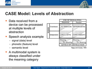 Beat Signer - Department of Computer Science - bsigner@vub.ac.be 24October 24, 2016
CASE Model: Levels of Abstraction
 Data received from a
device can be processed
at multiple levels of
abstraction
 Speech analysis example
 signal (data) level
 phonetic (feature) level
 semantic level
 A multimodal system is
always classified under
the meaning category
Nigay and Coutaz, 1993
 