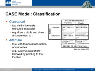 Beat Signer - Department of Computer Science - bsigner@vub.ac.be 27October 24, 2016
CASE Model: Classification
 Concurrent
 two distinctive tasks
executed in parallel
 e.g. draw a circle and draw
a square next to it
 Alternate
 task with temporal alternation
of modalities
 e.g. "Draw a circle there"
followed by pointing to the
location
Nigay and Coutaz, 1993
 