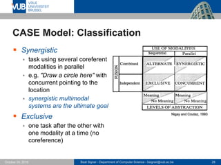 Beat Signer - Department of Computer Science - bsigner@vub.ac.be 28October 24, 2016
CASE Model: Classification
 Synergistic
 task using several coreferent
modalities in parallel
 e.g. "Draw a circle here" with
concurrent pointing to the
location
 synergistic multimodal
systems are the ultimate goal
 Exclusive
 one task after the other with
one modality at a time (no
coreference)
Nigay and Coutaz, 1993
 