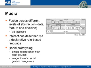 Beat Signer - Department of Computer Science - bsigner@vub.ac.be 40October 24, 2016
Mudra
 Fusion across different
levels of abstraction (data,
feature and decision)
 via fact base
 Interactions described via
a declarative rule-based
language
 Rapid prototyping
 simple integration of new
input devices
 integration of external
gesture recognisers
Hoste et al., 2011
 