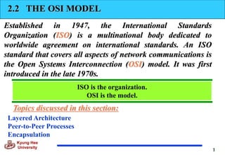 1
Kyung Hee
University
2.2 THE OSI MODEL
Established in 1947, the International Standards
Organization (ISO) is a multinational body dedicated to
worldwide agreement on international standards. An ISO
standard that covers all aspects of network communications is
the Open Systems Interconnection (OSI) model. It was first
introduced in the late 1970s.
Layered Architecture
Peer-to-Peer Processes
Encapsulation
Topics discussed in this section:
ISO is the organization.
OSI is the model.
 