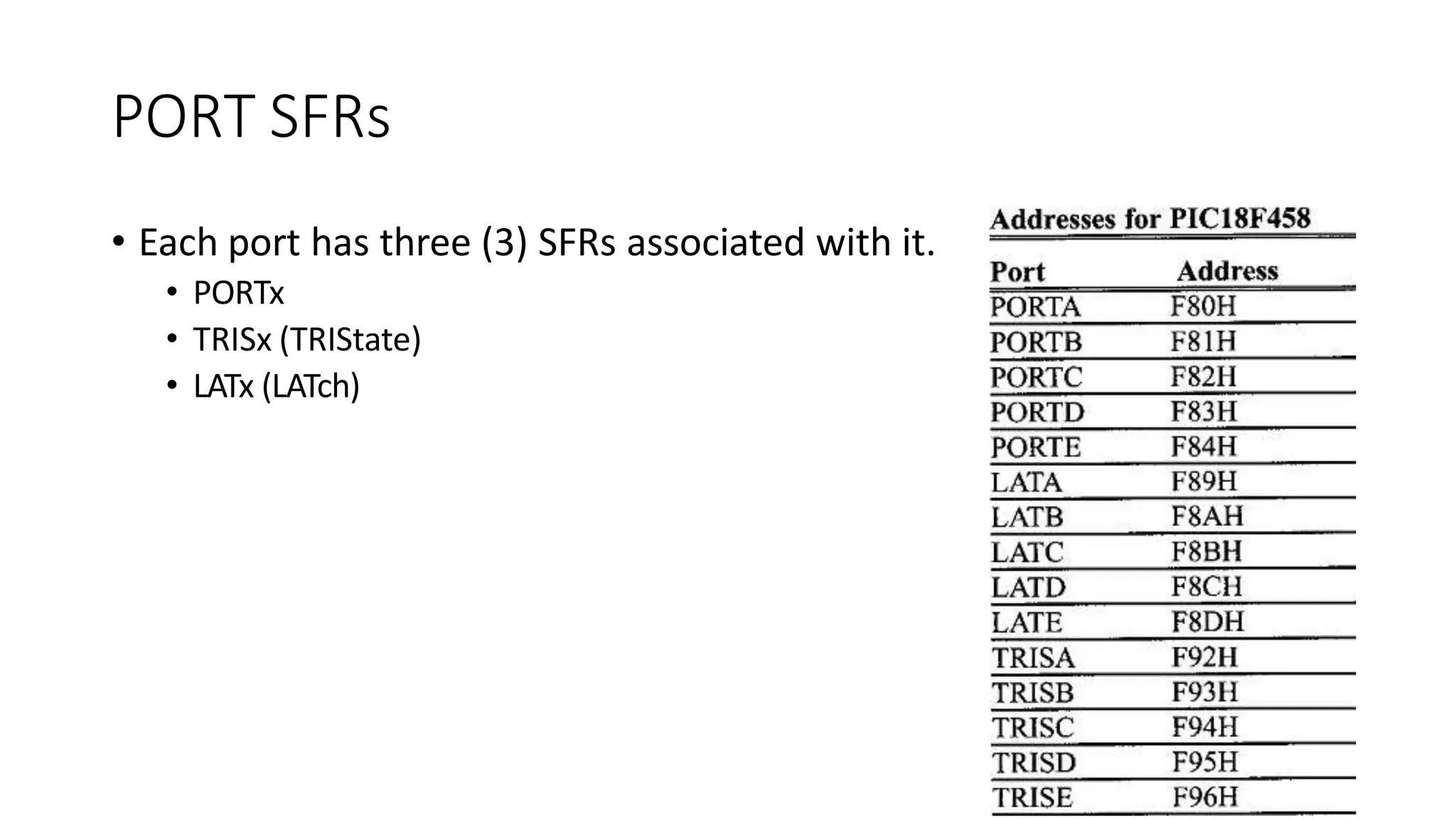 PORT SFRs
• Each port has three (3) SFRs associated with it.
• PORTx
• TRISx (TRIState)
• LATx (LATch)
 