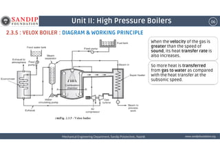 06Unit II: High Pressure Boilers
2.3.5 : VELOX BOILER : DIAGRAM & WORKING PRINCIPLE
When the velocity of the gas is
greater than the speed of
sound, its heat transfer rate is
also increases.
So more heat is transferred
from gas to water as compared
with the heat transfer at the
subsonic speed.
wwwwwwwwwwww....ssssaaaannnnddddiiiippppffffoooouuuunnnnddddaaaattttiiiioooonnnn....oooorrrrggggMechanical Engineering Department, Sandip Polytechnic, NashikMechanical Engineering Department, Sandip Polytechnic, NashikMechanical Engineering Department, Sandip Polytechnic, NashikMechanical Engineering Department, Sandip Polytechnic, Nashik
subsonic speed.
 