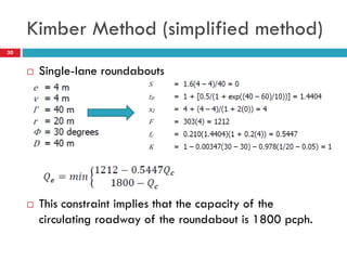 Kimber Method (simplified method)
30
 Single-lane roundabouts
 This constraint implies that the capacity of the
circulating roadway of the roundabout is 1800 pcph.
 