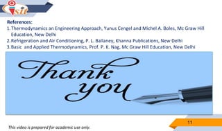 11
References:
1.Thermodynamics an Engineering Approach, Yunus Cengel and Michel A. Boles, Mc Graw Hill
Education, New Delhi
2.Refrigeration and Air Conditioning, P. L. Ballaney, Khanna Publications, New Delhi
3.Basic and Applied Thermodynamics, Prof. P. K. Nag, Mc Graw Hill Education, New Delhi
This video is prepared for academic use only.
 