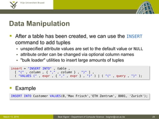 Beat Signer - Department of Computer Science - bsigner@vub.ac.be 24March 13, 2015
Data Manipulation
 After a table has been created, we can use the INSERT
command to add tuples
 unspecified attribute values are set to the default value or NULL
 attribute order can be changed via optional column names
 "bulk loader" utilities to insert large amounts of tuples
 Example
INSERT INTO Customer VALUES(8,'Max Frisch','ETH Zentrum', 8001, 'Zurich');
insert = "INSERT INTO" , table ,
[ "(" , column , { "," , column } , ")" ] ,
( "VALUES (" , expr , { "," , expr } , ")" ) | ( "(" , query , ")" );
 