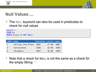 Beat Signer - Department of Computer Science - bsigner@vub.ac.be 40March 13, 2015
Null Values ...
 The NULL keyword can also be used in predicates to
check for null values
 Note that a check for NULL is not the same as a check for
the empty String ''
SELECT *
FROM CD
WHERE price IS NOT NULL;
cdID name duration price year
1 Falling into Place 2007 17.90 2007
2 Carcassonne 3156 15.50 1993
3 Chromatic 3012 16.50 1993
 